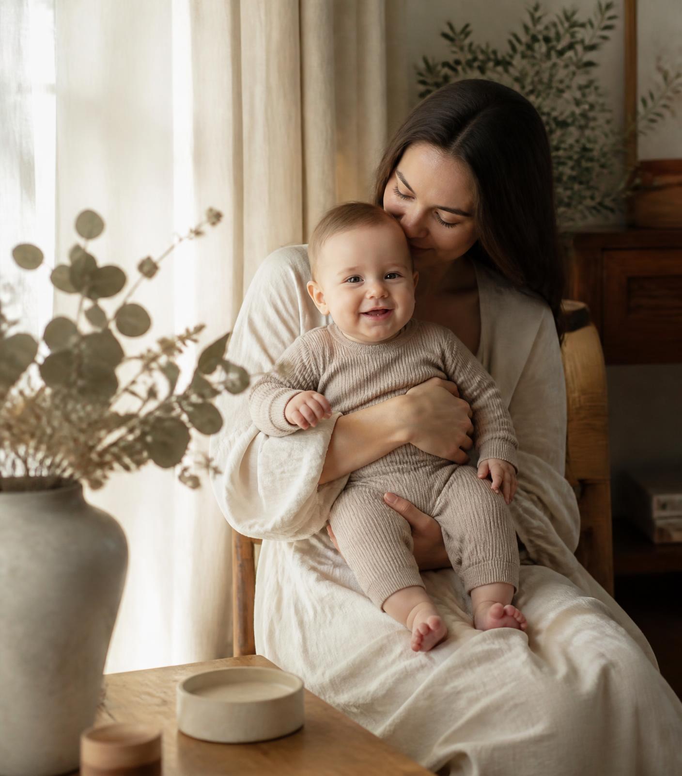 Mother holding a smiling baby by a sunlit window